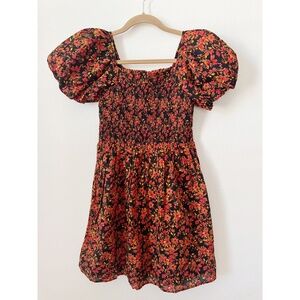 Gap Kids Girls Puff Sleeve Smocked Dress Orange Black 12